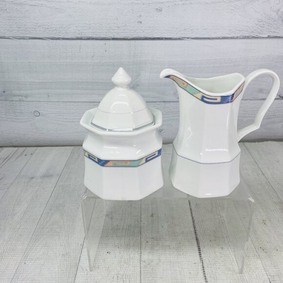 Christopher Stuart SOUTHWEST Green Blue Coral Lidded Sugar Bowl & Creamer Set - Picture 2 of 15